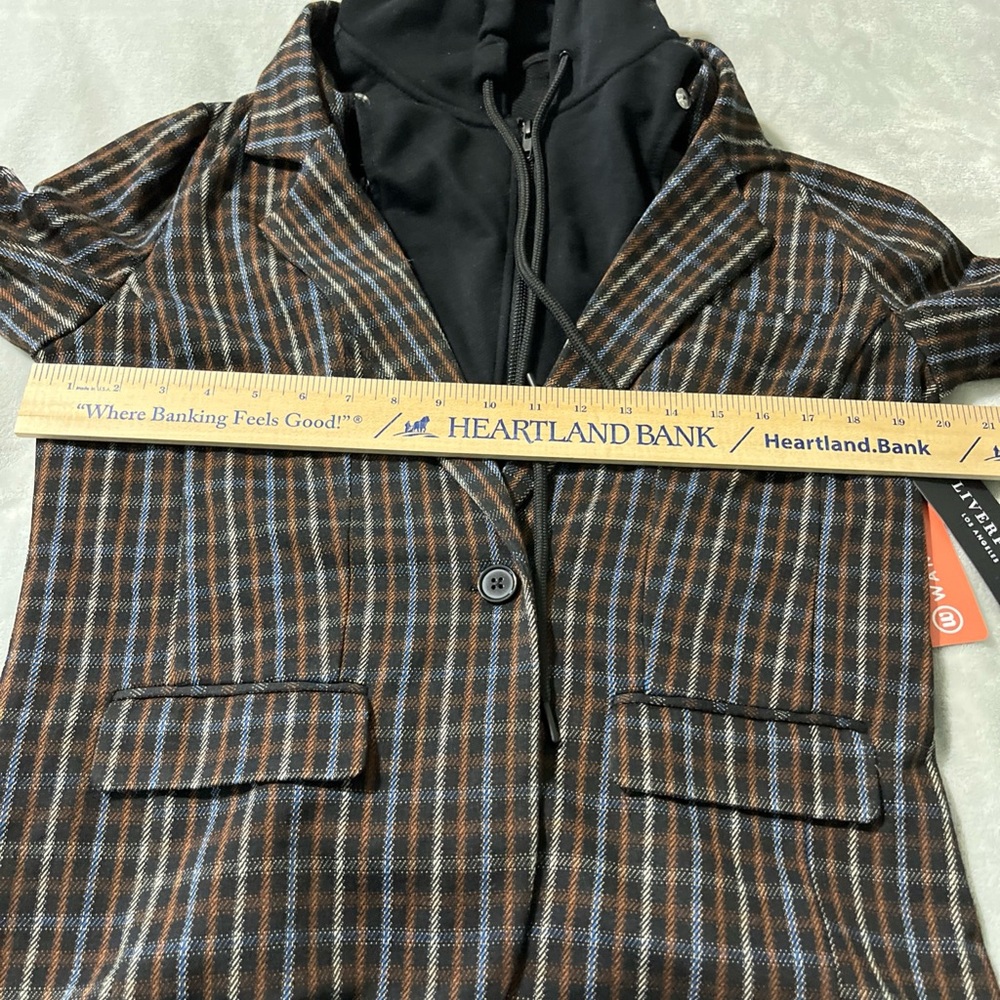 LIVERPOOL Women M Blazer Jacket Removable Hoodie Brown Tan Blue Plaid New Defect - Picture 11 of 16